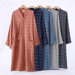 Women's Sleepwear Long Sleeve Plaid Robes For Men And Women Couples Cotton Mid-long Kimono Design Bathrobe Nightgown Home Bath Robe