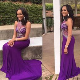 Charming Purple Mermaid Evening Gowns Long High Neck Sequins Beaded Sweep Train Sexy Women Formal Prom Party Dresses Cheap261d