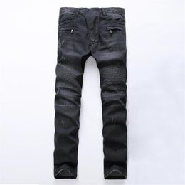 Fashion Designer Mens Zipper Biker Jeans Patchwork Slim Fit Black Moto Denim Joggers Pleated Cool Jean251h