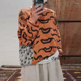 Men's Sweaters Kapital Vintage Hirata And Hiroshi Leopard Tiger Printed Pullover Women's Loose Round Neck Orange Knitting Sweater