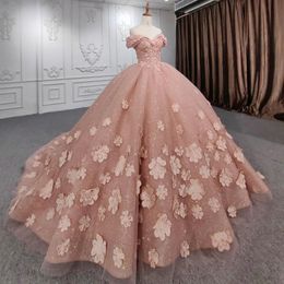 Luxury Pink Glittering Luxury Quinceanera Dresses Applique 3D Flowers Off Shoulder Vestidos De 15 Anos Birthday Party Prom Gown