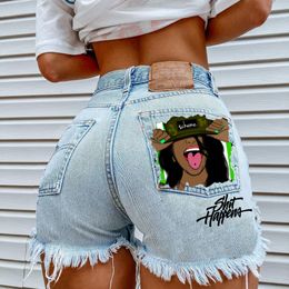 Women's Shorts Women's Summer High Street INS Net Red Playful Girl Pattern Printed Denim Shorts Ripped Fringed Pants 230719