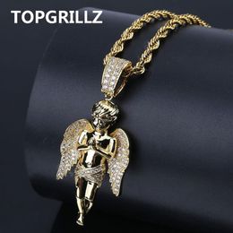 TOPGRILLZ HipHop Hommes Femmes Collier Or Couleur Plaqué Glacé Micro Pave CZ Pierre Ange Pendentif Colliers Love'sblessing Gif2644