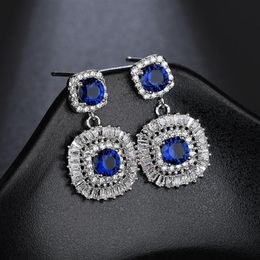 New Square Shaped Dangling Luxurious Earrings with Green Royal Blue CZ Stone For Bridal Wedding Party Jewelry Accessories Bij2768