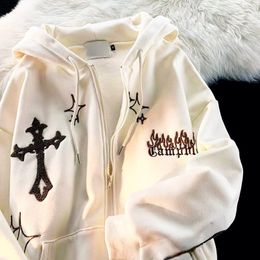 Men's Hoodies Sweatshirts Goth Embroidery Men High Street Harajuku Retro Hip Hop Zip Up Hoodie Loose Casual Sweatshirt Clothes Y2K Tops 230720