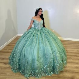 Luxury Glittering Mint Green Off-Shoulder Quinceanera Dresses Applique Lace Vestidos De 15 Anos Birthday Party Corset Ball Gown