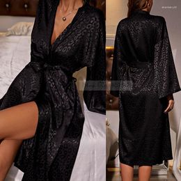 Women's Sleepwear Female Robe Black Print Leopard Kimono Bathrobe Gown With Belt Sexy V-Neck Nightgown Loose Silk Satin Home Dress