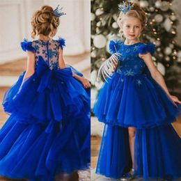 Royal Blue High Low Beaded 2020 Flower Girl Dresses For Wedding A Line Tiered Toddler Pageant Gowns Tulle Kids Communion Dress267Q