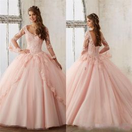 Blush Pink Ball Gown Quinceanera Dresses 2020 Long Sleeve Backless Lace Applique Prom Party Gowns Sweet 16 Birthday Dress Vestido 196x