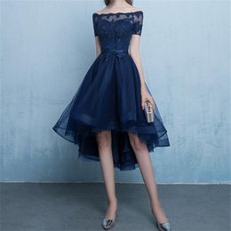Navy Blue Cocktail Dress Hi Lo Tulle with Applique Short Sleeves Light Gray Black Burgundy Party Gowns Cheap Special occassion dre309S