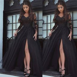 Black Amazing V-neck Long Sleeve Prom Dresses Appliques Tulle Long Formal Prom Gowns Robe De Bal Party Evening Dresses233W