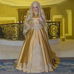 Gold Mulsim Evening Dresses High Neck Long Sleeve Arabic Plus Size Party Dress Prom Wear Formal Pageant Vestidos De Festa Celebrit260B