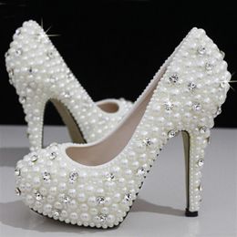 Fashion Luxurious Pearls Crystals White Wedding Shoes Size 12 cm High Heels Bridal Shoes Party Prom Women Shoes 242N