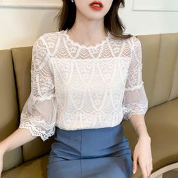 Women's Blouses 2023 Summer Fashion Casual Crocheted Lace Tops Elegant Slim O-Neck Hollow Out Flare Sleeved Women Shirt