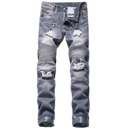 JEWUTO 2020 Men jeans Brand High quality hole straight moto biker jeans men Denim Pants For black blue214A