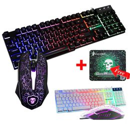 LED Rainbow Backlight USB Ergonomic Wired Gaming Keyboard 2400DPI Mouse Mouse Pad Set Kit for PC Laptop Computer Gamer283E