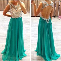 New Sexy Hunter Sheer Chiffon Long Prom Dresses Beaded Rhinestones Top Backless Floor Length Party Evening Dresses257v