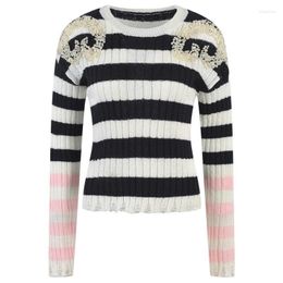 Women's Sweaters Vintage Black White Striped Beaded Long-Sleeved O-Neck Sweater 2023 Autumn Knitted Pullover Slim Color-Blocking Top Brand