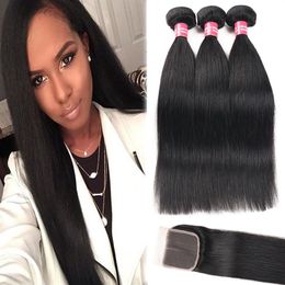 8A Remy 3 Bundles Brazilian Straight Body Wave Kinky Curly Deep Wave Hair With 4 4 Lace Closure 100% Human Hair Weaves Natural Bla295R