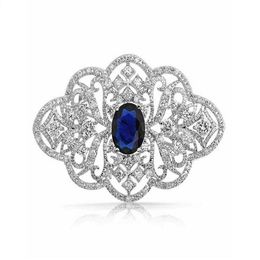 2 Inch Vintage Look Clear Rhinestone Crystal Diamante Wedding Jewellery Brooch With Blue Stone247c