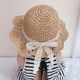 Berets Summer Baby Boy Girl Straw Bucket Hats Lace Strap Crochet Children Handmade Foldable Sun Cap Beach Outdoor Hat 48-52CM