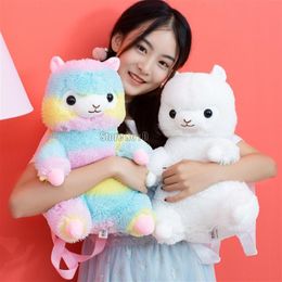 Puppets Kawaii Alpaca Plush Backpack Cute Rainbow Soft Stuffed Shoulder Bag Lovely Doll Hand Puppet Children Kids Gift Toy 230719