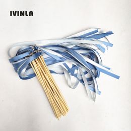 Banner Flags ARRIVED 50/20/10pcs/lot light blue wedding ribbon wands stick with gold bell 230720