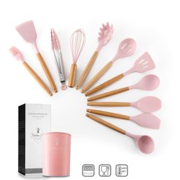 12PCS Pink Colour Silicone Cooking Utensils Set Non-stick Spatula Shovel Wooden Handle Cooking Tools Set With Storage Box Kitchen T277h