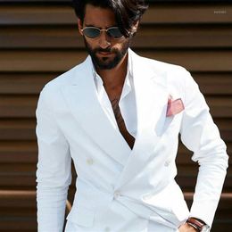 Summer Double Breasted Plain White Men Suits For Wedding Casual Groom Tuxedos Bridegroom Wear Slim Fit Man Blazers1271W