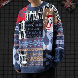 Men's Sweaters Japanese Cartoon Pattern Patchwork Men Geometric Jacquard Christmas Knitted Pullovers Winter Oversized Sweater For Women