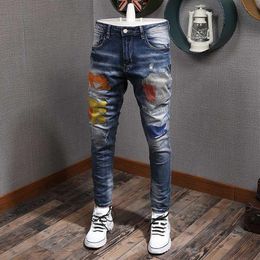 Autumn Hole Denim Jeans Men Embroidered Fashion Brand Jeans Men's Korean Style Vaqueros Hombre Skinny Washed Slim Elastic Fee257q