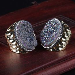 Natural Rough Oval Color Purple Druzy Stone Bead Charm Pave Rhinestone Big Wide Wrap Hammered Gold Open Ring cuff Women Jewelry295L