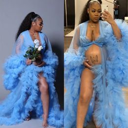 Aso Ebi Gorgeous Ruffles Kimono Women Dress Light Sky Blue Robe for Poshoot Extra Puffy Sleeves Prom Gowns African Cape Cloak M236S