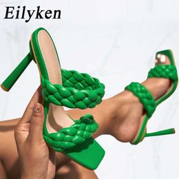Sandals Eilyken Sexy Green Weaving Slippers Slide Women Summer Stiletto High Heels Sandals Fashion Square Toe Stripper Female Shoes L230720