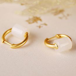 Hoop Earrings Silver Inlaid Natural Hetian White Jade Temperament Charm Light Luxury Cold Wind Craft Niche Design Women Brand Jewelry