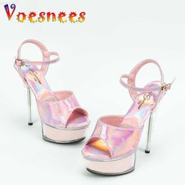 Sandals 15CM Transparent Platform High Heels Patent Leather Sandals Sexy Women Pole Dance Shoes Nightclub Color-Changing Plus Size Pumps L230720