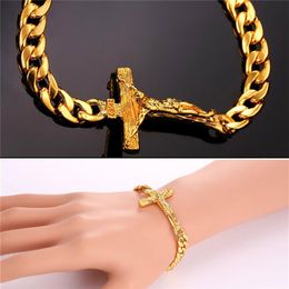 Crucifix Cross Charm Bracelet 18K Real Gold Platinum Rose Gold Plated Cuban Chain Cross Bracelet for Women Men262s