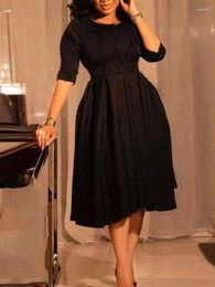 Casual Dresses Elegant A Line For Women 3/4 Sleeve O Neck Buttons Midi Skater Dress Modest Office Business Wear Church Clothes