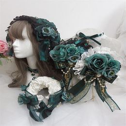 Party Masks Girl Design Lolita Lace Hairpins Dark Green Flower Pearl Cross Gothic Women Costume Necklace Headband Cosplay Headpiec231q