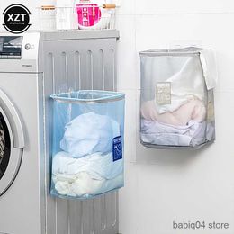 Storage Baskets Wall Mounted Punch-free Laundry Basket Portable Home Breathable Storage Toy Bathroom Dirty Clothes Dustproof Hamper Sorting Bag R230720