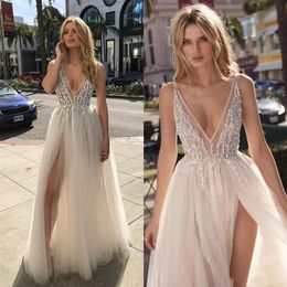 Sexy High Split Wedding Dresses Illusion Deep V Neck Informal Casual Bridal Gowns 2020 Summer Vestidos De Noiva Floor Length284Y