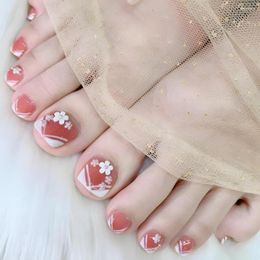 False Nails Sweet White Flowers Toe French Simple Pink Fake Toenails For Girls Women Wearable 24pcs Artificial Patch