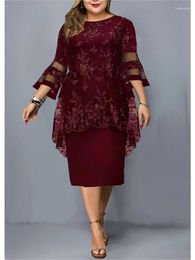 Casual Dresses Women Party Dress Lace Crew Neck Print 3/4 Length Sleeve Elegant Formal Midi Cocktail Vestido Pullovers