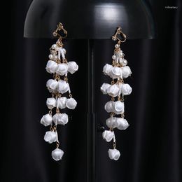 Dangle Earrings Hand-beaded White Flowers Fabric Long Drop Fashion Travel Wedding Ear Decoration