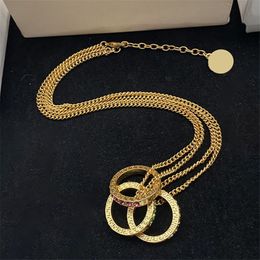 Vintage Cooper Necklace Three Circle Ring Pendant Necklaces with Dedicate Lines Women Double Chain Design Necklaces Side Colour Drills Nice Jewellery