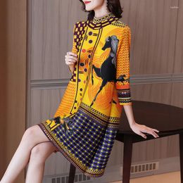 Casual Dresses Retro Ethnic Style Printed Dress Female 2023 Half High Neck Pleated Western Midlife A-line Tops