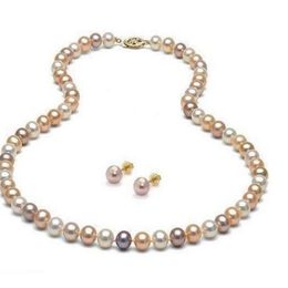 8-9mm White Pink Purple Multicolor Natural South Sea Pearl Necklace 20 inch Earring Set 14k Gold178U