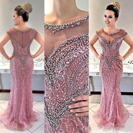 2020 Luxury Arabic Mermaid Evening Dresses Jewel Beading Crystal Illusion Cap Sleeves Zipper Back Sweep Train Plus Size Prom Party353A