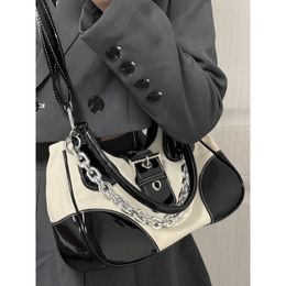 Evening Bags Cool Girl Metal Chain Punk Motobike Crossbody Bag Shoulder Messenger Bag Splicing Cloth Canvas PU Black White Y2K Vintage 230719