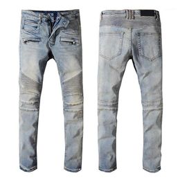 DSQPLEIND2 France Style #1051# Mens Embellished Ribbed Stretch Moto Pants Old School Washed Biker Blue Jeans Slim Trousers 29-421296I